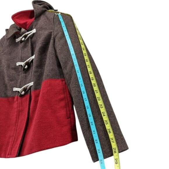 Old Navy Wool Bland Coat Womens Red Brown Colorblock Hooded Full Zip Lined Sz XS - Picture 13 of 15